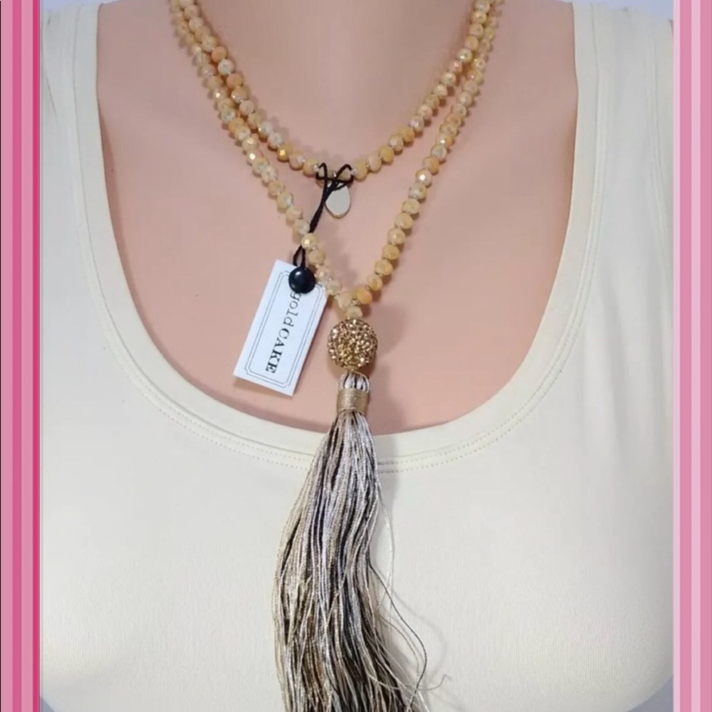 Gold Cake Rhinestone & Tassel Beaded Necklace